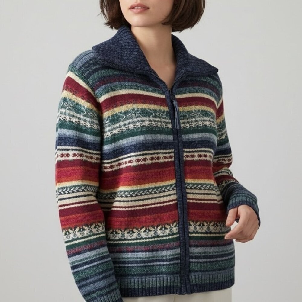 Vintage Tiara Int'l Striped Fair Isle Southwest Colors Zip Cardigan Sweater XL